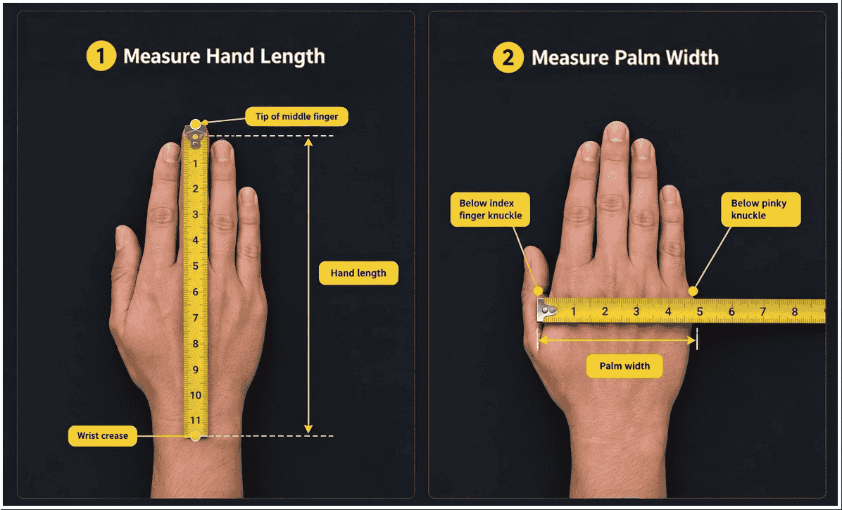 Diagram showing how to measure hand length and palm width for a gaming mouse