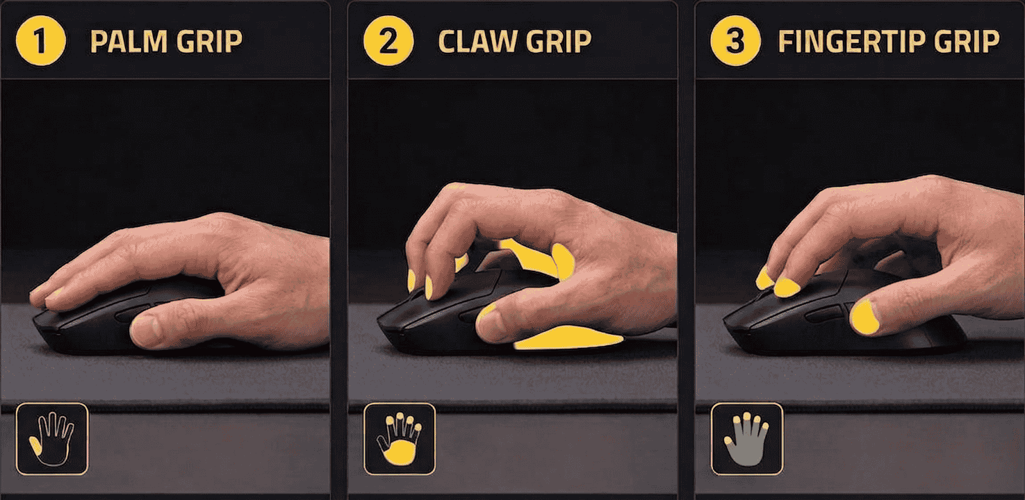 Side view comparison of palm grip, claw grip, and fingertip grip on a gaming mouse, showing hand contact points for each